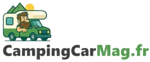 Logo transparent CampingCarMag.fr – camping-car vert avec voyageur barbu et lettrage noir et vert